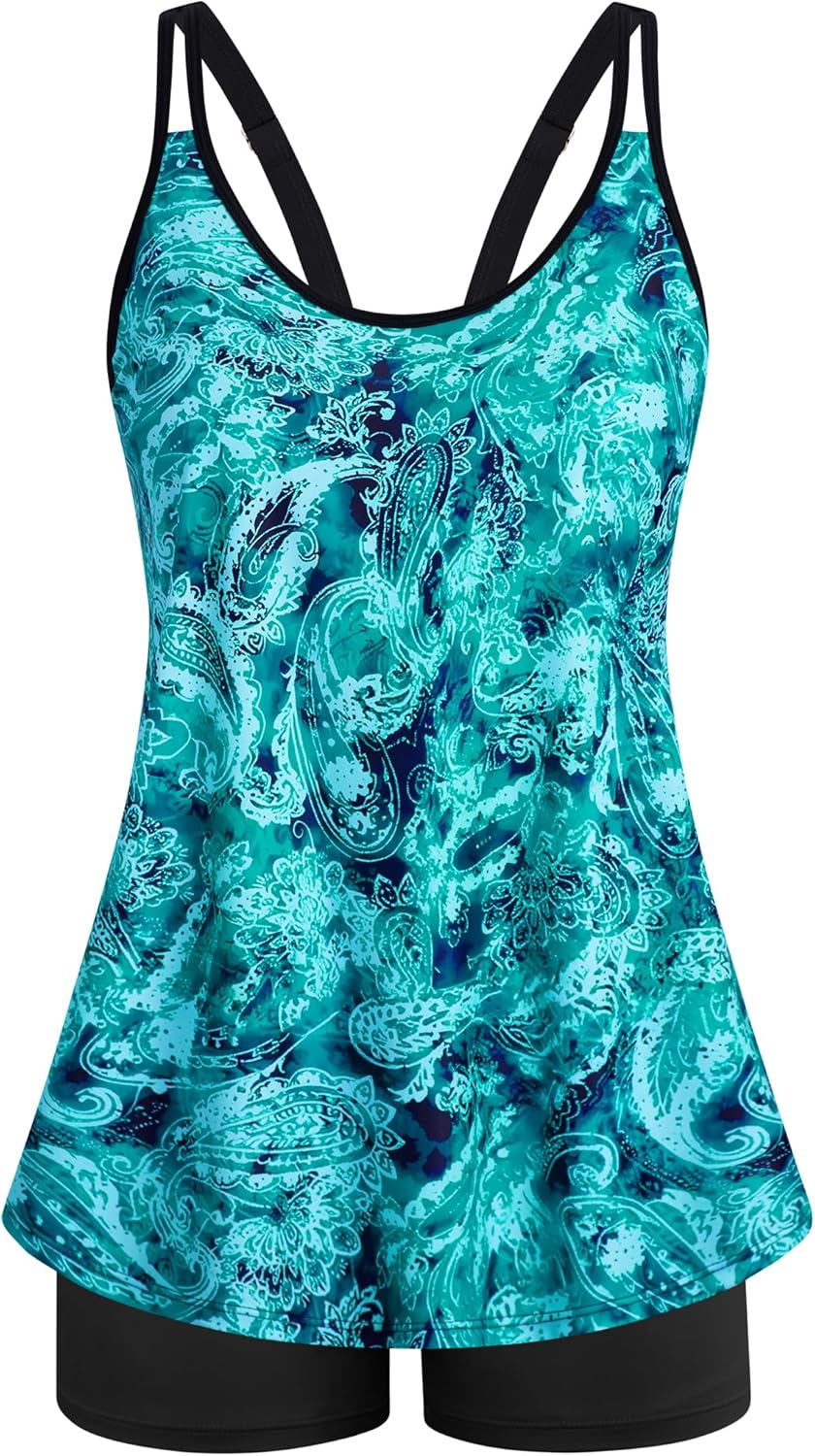 Swimsuits for Women Tummy Control Two Piece Bathing Suits Flowy Swim Tops with Boy Shorts