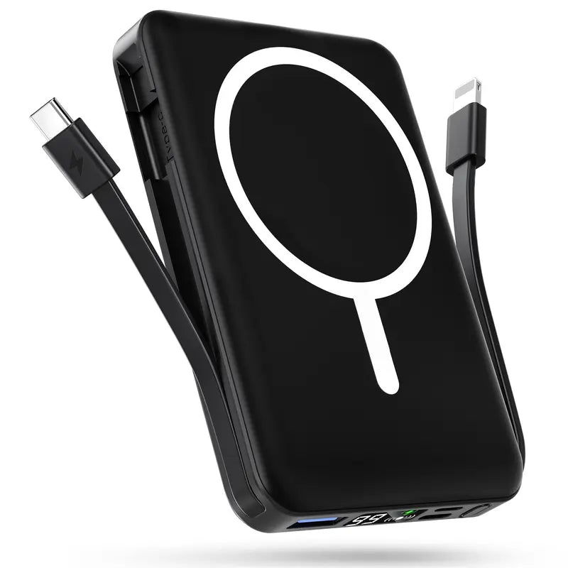 10000mAh Magnetic MagSafe Power Bank, Wireless Charger with LED Display, Dual USB-C & Lightning Cables, USB Output, Portable Mobile Device Accessories for iPhone 17/16/15/14/13/12 Series