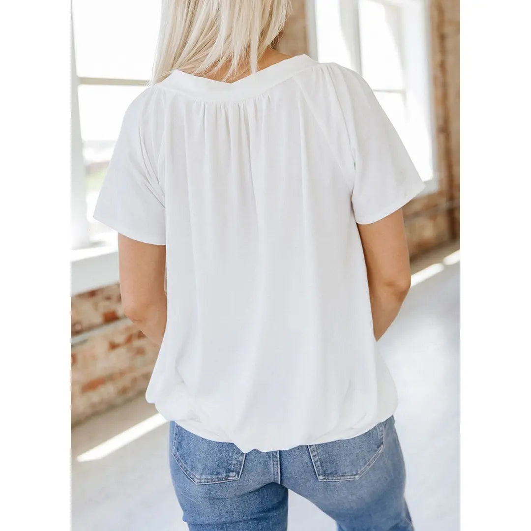 Dokotoo Women's Casual Summer Short Sleeve V Neck Tops T-shirts - Loose Fit & Comfortable Shirring Top